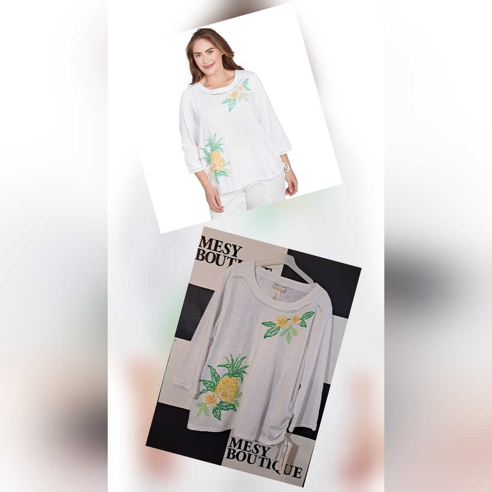 Plus Women's Embroidered Pineapple Top White Sz 1X